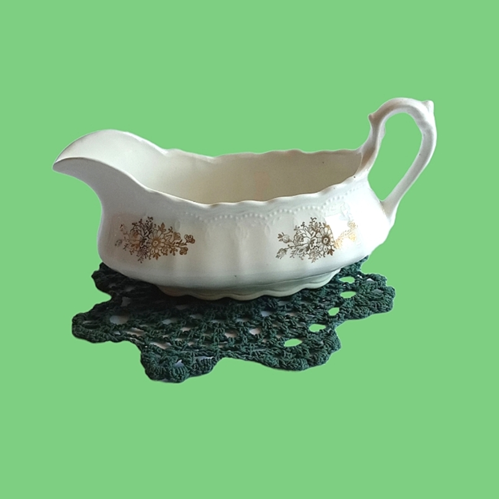 Vintage Handpainted Gold Flowers China Gravy Boat Signed